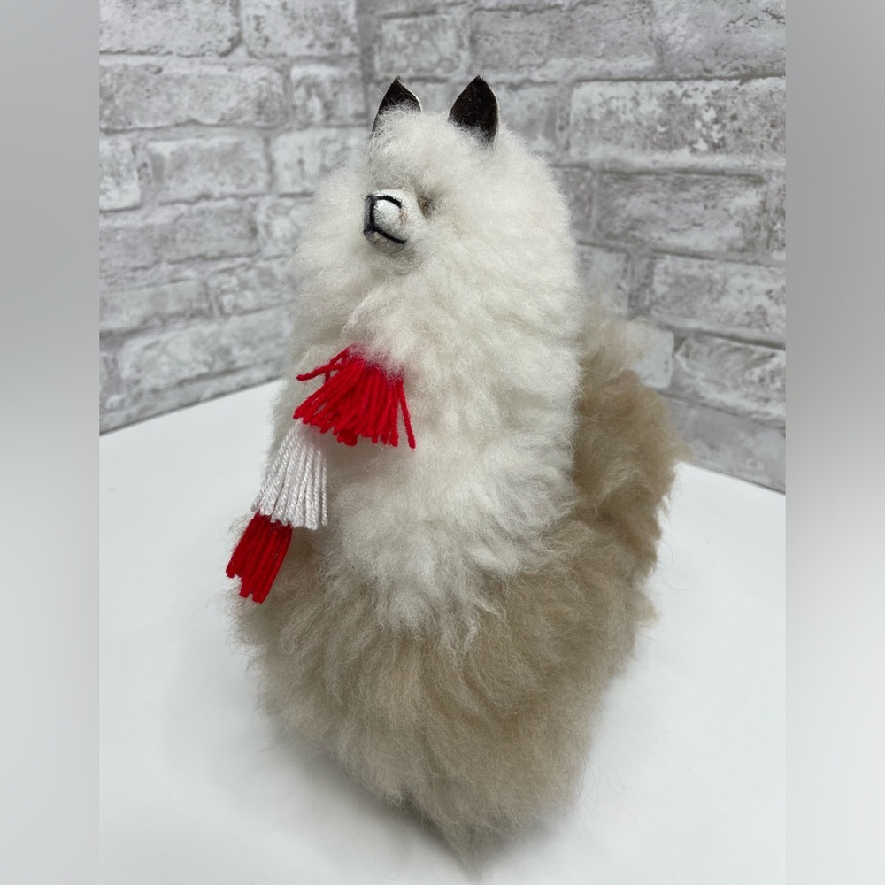 Vintage Alpaca Llama Homemade Plush Figurine White Brown Real Fur Soft Peru 11”